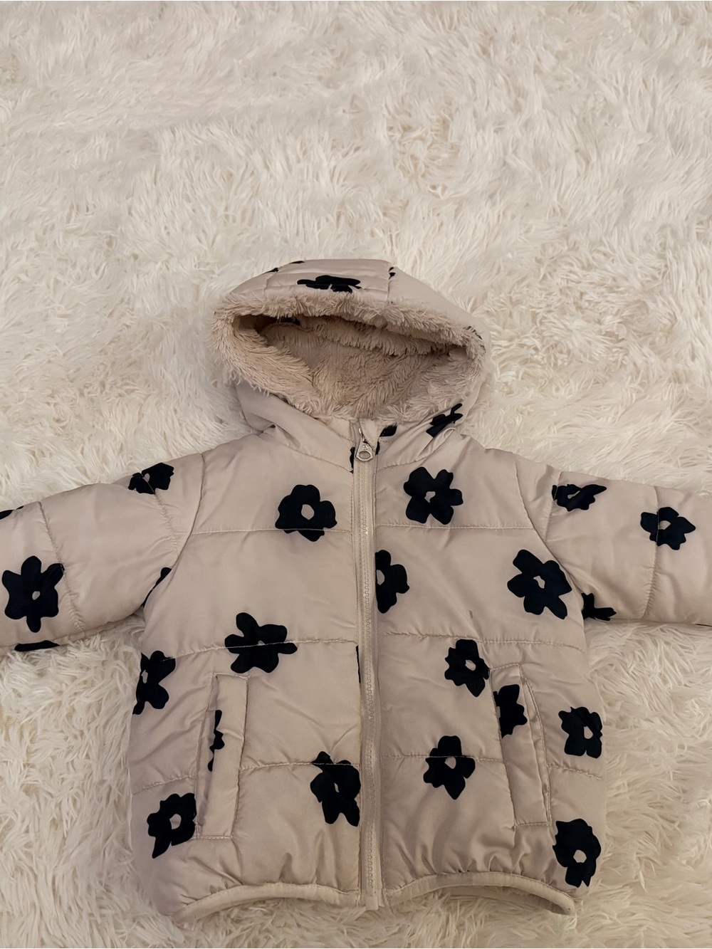 Jessica Simpson Cream Quilted Jacket with Subtle Black Floral Trim